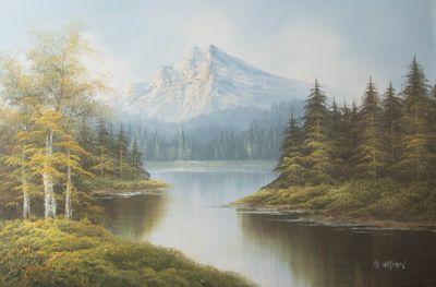 un tableau représentant une montagne avec un lac au premier plan