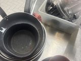 many pots and pans that are on the kitchen counter