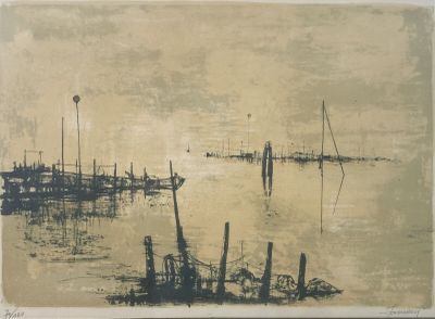 a picture of a painting of a boat in the water