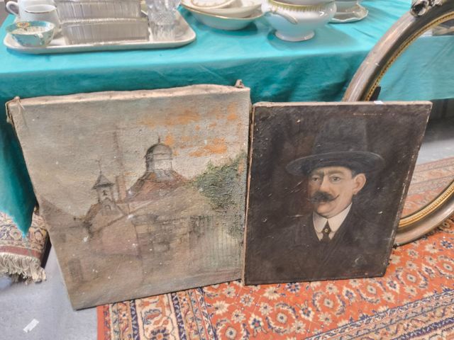 Deux huiles sur toile, portrait et vue de village
