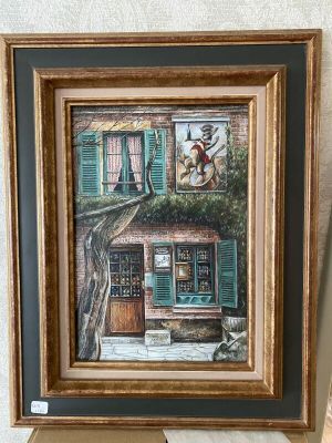 a picture of a painting of a house on the wall
