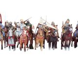 plusieurs figurines représentant des personnages à cheval, armés de lances et de javelots