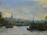 un tableau représentant des bateaux sur une rivière, avec une église en arrière-plan