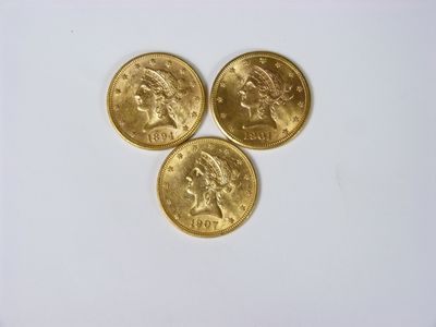 3 pièces de 10 dollars or Liberty, 1894, 1901 et 1907 - Photo 1