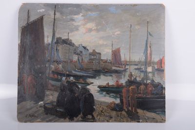 une peinture représentant une scène portuaire avec des bateaux sur l'eau