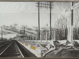 drawing of a man sleeping on a bench next to a railroad track