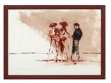 tableau représentant deux personnes se promenant sur une plage avec un chien