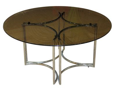 TABLE basse à plateau rond en verre fumé, piétement crucifor…