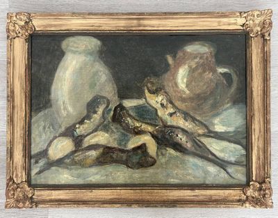 tableau représentant une nature morte avec des poissons et une cruche posés sur une table