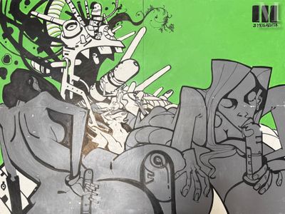 un dessin sur le mur d'un immeuble recouvert de graffitis