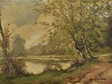 an oil painting of a dirt road by a river with trees