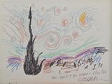 dessin représentant un arbre avec le ciel et le soleil en arrière-plan
