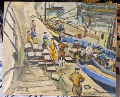 une peinture représentant une peinture montrant des personnes sur un bateau
