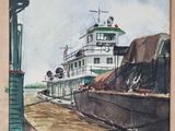 a painting of a boat docked at a dock