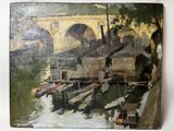painting of a painting of a bridge over a body of water