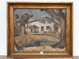 an image of a painting of a white house in a wooded area