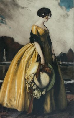 tableau représentant une femme en robe jaune tenant un chapeau