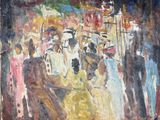 an oil painting of a group of people standing in front of a building
