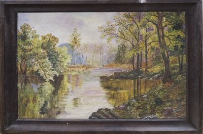 a picture of a painting of a river in the woods
