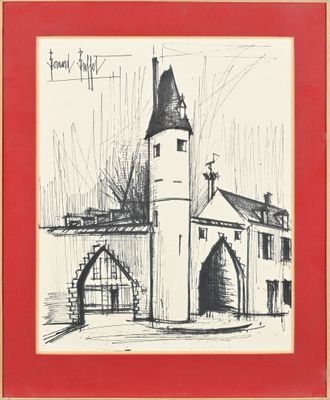 an image of a drawing of a church in a red frame