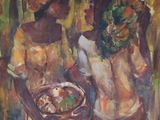 tableau représentant deux femmes debout l'une à côté de l'autre, avec un bol de nourriture devant elles