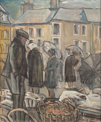 an oil painting of a group of people standing in front of a building