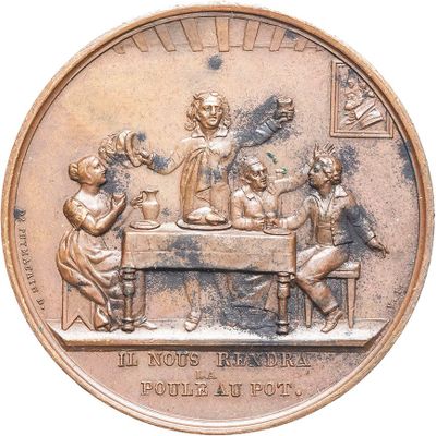a bronze coin with a picture of a family having a meal