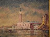 painting of a view of a city with a clock tower in the distance