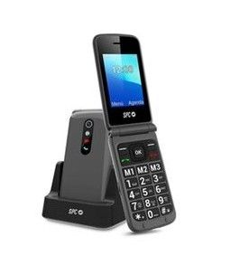 un gros plan d'un téléphone portable posé sur un support, sur fond blanc