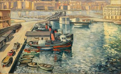 un tableau représentant une scène de port avec des bateaux et des bâtiments