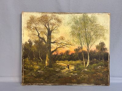 painting of a landscape with trees and a person walking on a path