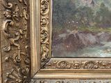 an image of a painting of a mountain scene with a river in the foreground