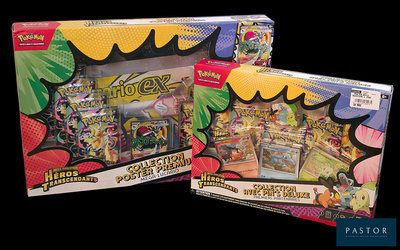 two boxes of pokemon toys on a black background