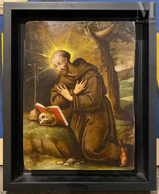 an image of a painting of a monk reading a book with a skull in the foreground