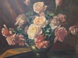 a painting of pink roses in a vase on a table