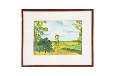 un tableau représentant un paysage avec des arbres au premier plan