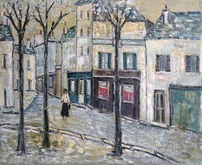 tableau représentant une femme marchant dans une rue d'une ville