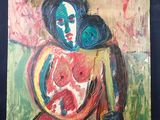 une peinture abstraite représentant une femme tenant un bébé dans ses bras
