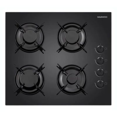 une plaque de cuisson noire avec quatre brûleurs et quatre brûleurs