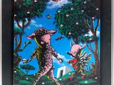 a painting of two pigs playing with a bird in a field