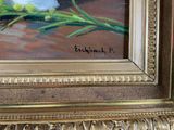 a painting of a bird sitting on a branch of a plant