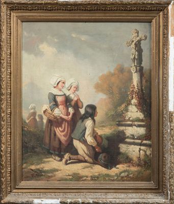 un vieux tableau représentant une femme et deux enfants dans un paysage