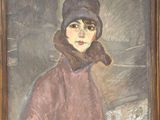 tableau représentant une femme vêtue d'un manteau marron et d'un chapeau marron