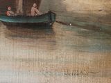 a painting of two people in a boat on the water