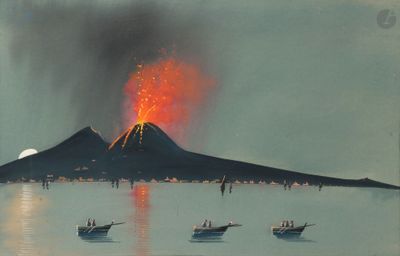 une peinture représentant un volcan sur l'eau, avec des bateaux au premier plan