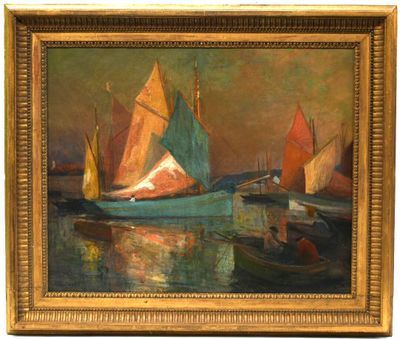 une peinture à l'huile représentant des bateaux dans un port par une journée ensoleillée