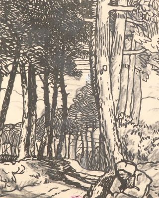 a black and white drawing of a wooded area