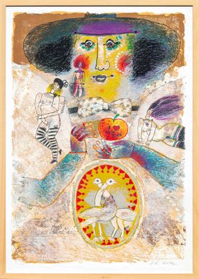 une image représentant un tableau où figure une femme portant un chapeau et une horloge