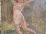 une peinture à l'huile représentant une femme nue tendant les bras pour attraper un frisbee
