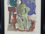 tableau représentant une femme assise sur une chaise, avec un vase en arrière-plan